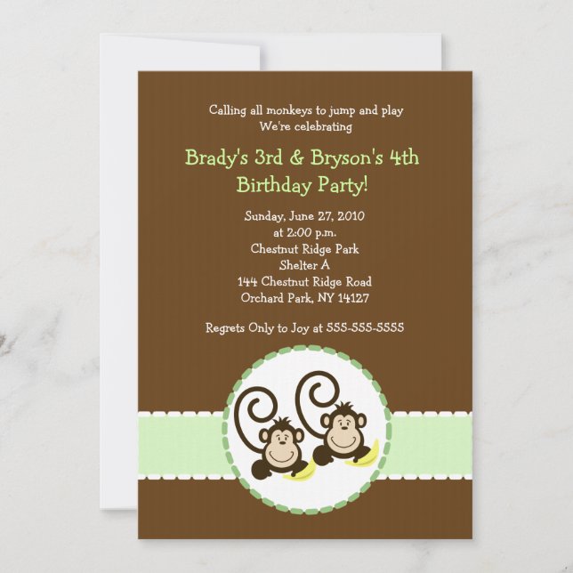 Silly Monkey Trendy 2 children Birthday invitation (Front)