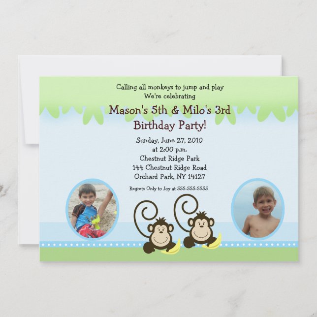 Silly Monkey Twins Photo Birthday Invite (Front)