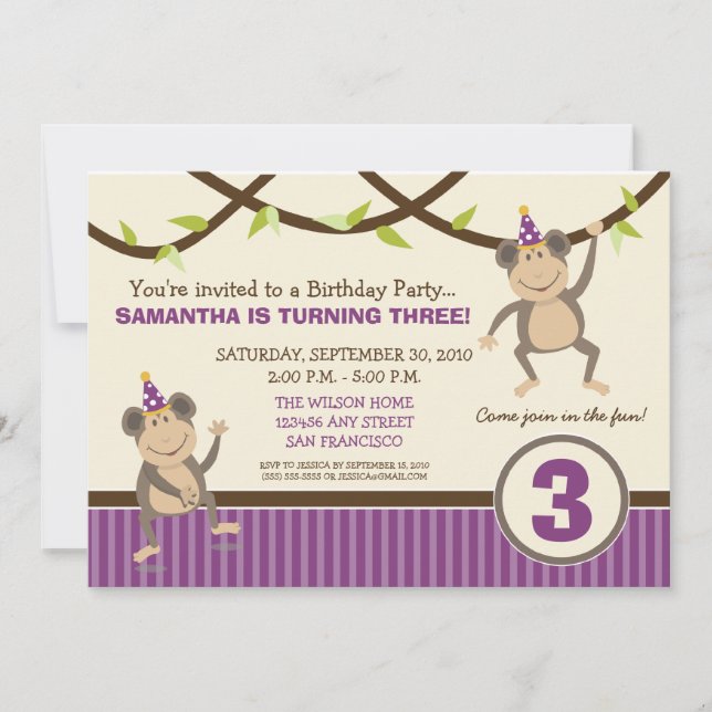 Silly Monkeys Birthday Party Invitation (lavender) (Front)