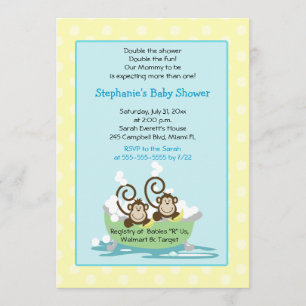 Silly Monkeys in Tub Twins Baby Shower - Yellow Invitation