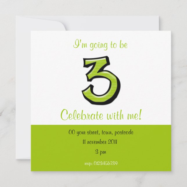 Silly Number 3 green Birthday Invitation (Front)