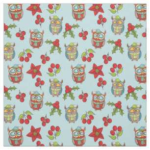 Silly Owls Christmas Holly Berries Quilting Cotton Fabric