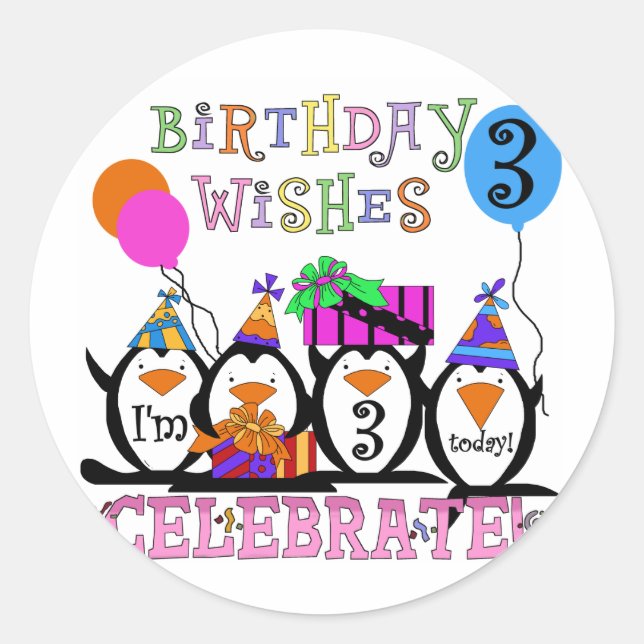Silly Penguins 3rd Birthday Tshirts and Gifts Classic Round Sticker (Front)