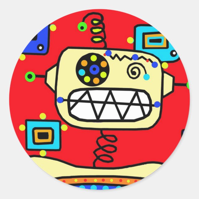 Silly Red Retro Robot Spaceman Classic Round Sticker (Front)