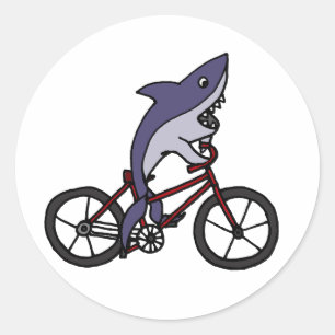 Silly Shark Riding Bicycle Cartoon Classic Round Sticker