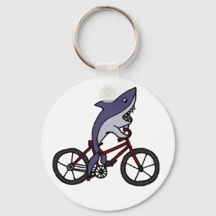 Silly Shark Riding Bicycle Cartoon Key Ring