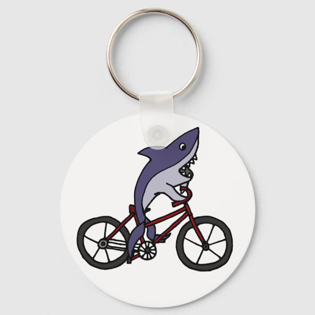 Silly Shark Riding Bicycle Cartoon Key Ring (Front)