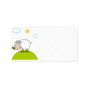 silly sheep on a hill with a flower label