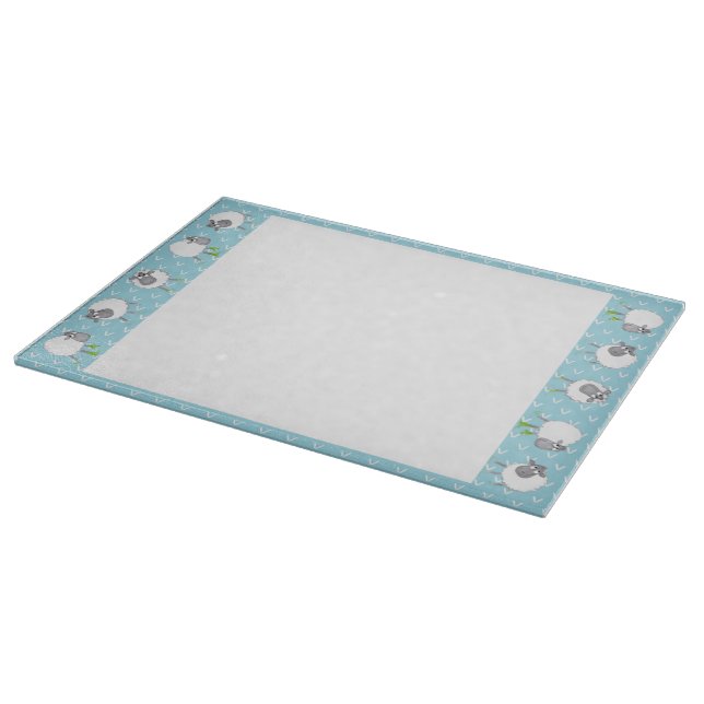 Silly Sheep on Blue Border Glass Cutting Board (Corner)