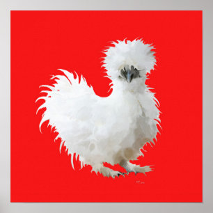 Silly Silkie Chicken on Red Poster