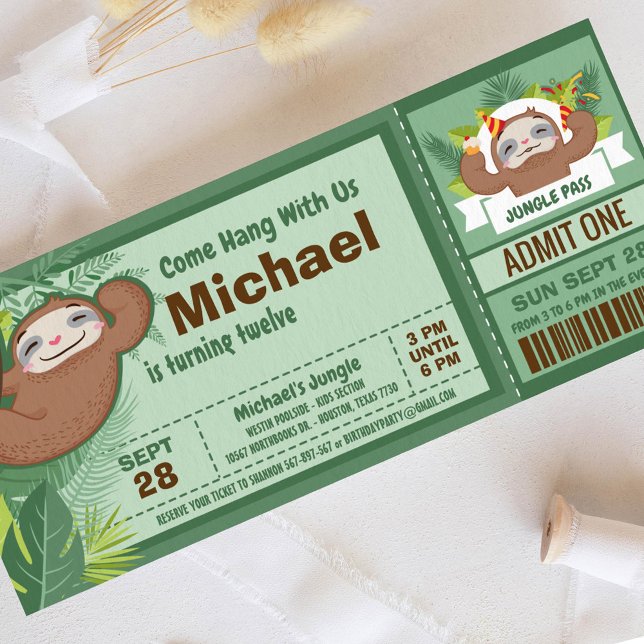 Silly Sloth Boy Jungle Ticket Pass Birthday Party Invitation (Creator Uploaded)