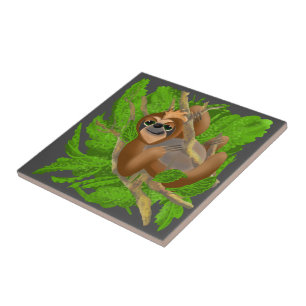 Silly Sloth Relaxing In A Tree Ceramic Tile