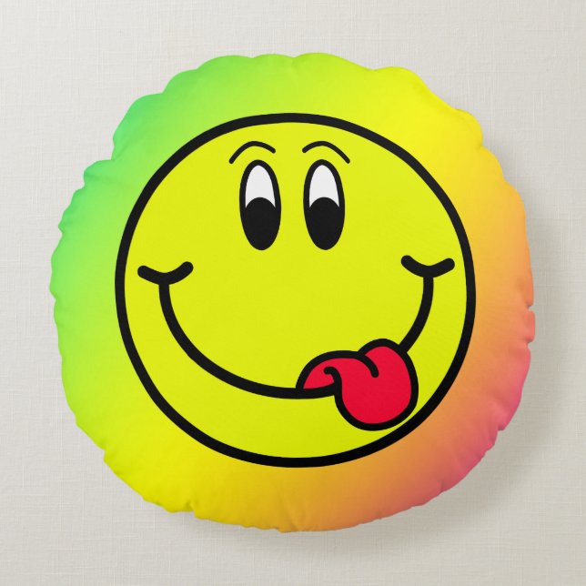 Silly Smiling Face Emoji Rainbow Round Pillow (Front)