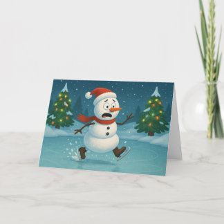 Silly Snowman Ice Skating on Christmas Eve Card