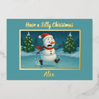 Silly Snowman Ice Skating on Christmas Eve Foil Holiday Card