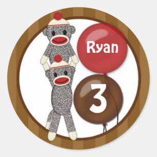 Silly SOCK MONKEY Birthday Round sticker SMR #1
