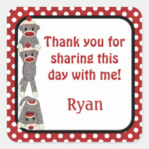 Silly SOCK MONKEY Birthday square sticker SMR