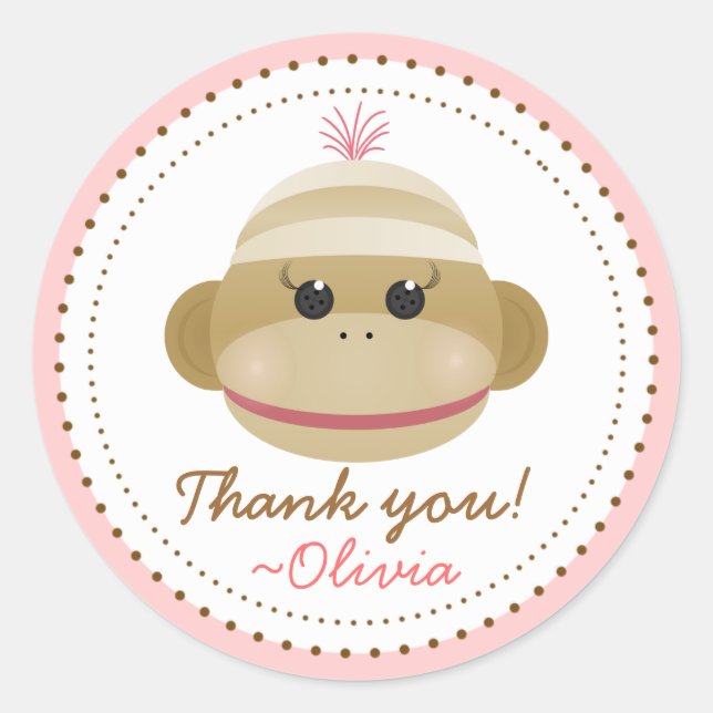 Silly Sock Monkey Girl Personalised Favour Sticker (Front)