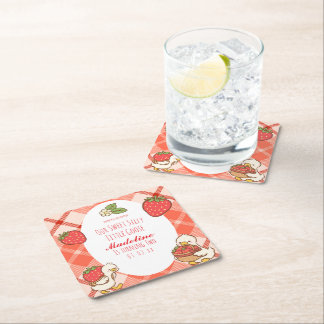 Silly Sweet Goose Strawberries Birthday Square Paper Coaster