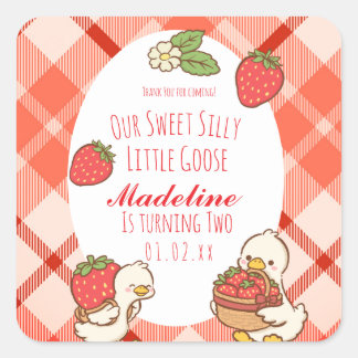 Silly Sweet Goose Strawberries Birthday Square Sticker