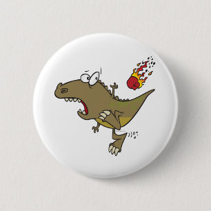 silly t-rex dinosaur dodging meteor cartoon 6 cm round badge