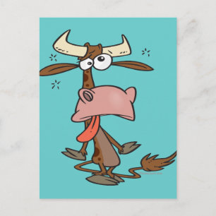 silly tired brown cow cartoon postcard