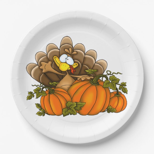 Silly Turkey and Pumpkins Paper Plate (Front)