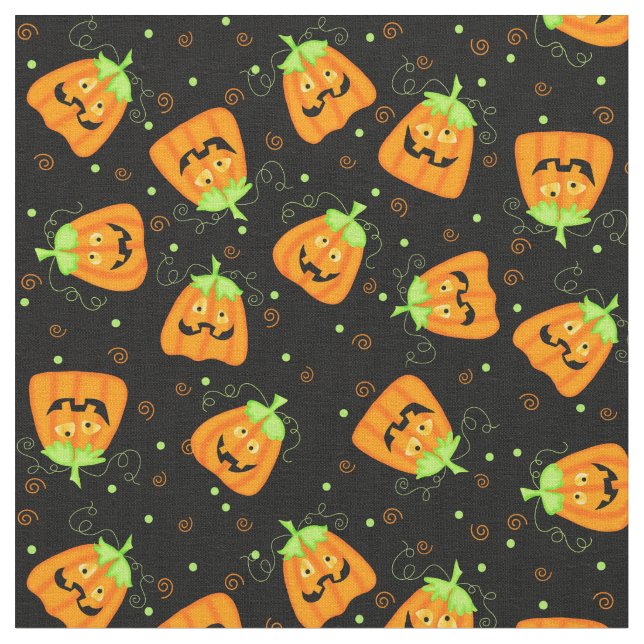 Silly Whimsy Halloween Pumpkin on Black Fabric (Close Up)