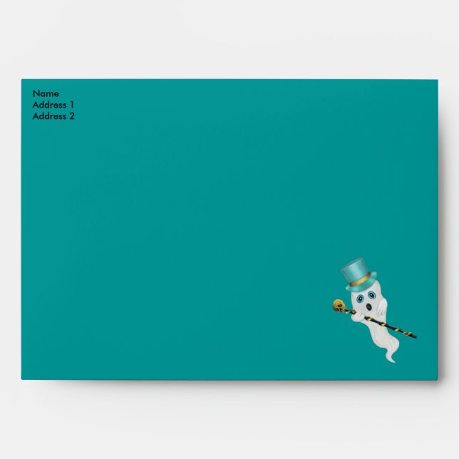 Silly White Ghost Blue eyes Top Hat Skull Cane Envelope (Front)