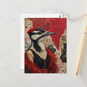 Silly Woodpecker in a black dress fantasy collage Postcard