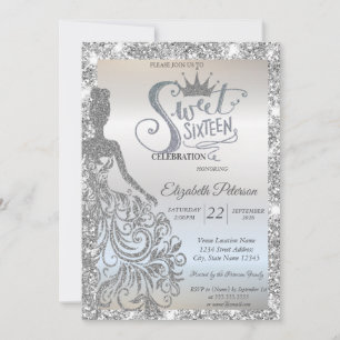 Silv Glitter Dress,Tiara Sparkle Sweet 16  Invitation