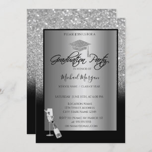 Silve Glitter Graduation Cap,Wine,Glass Graduation Invitation