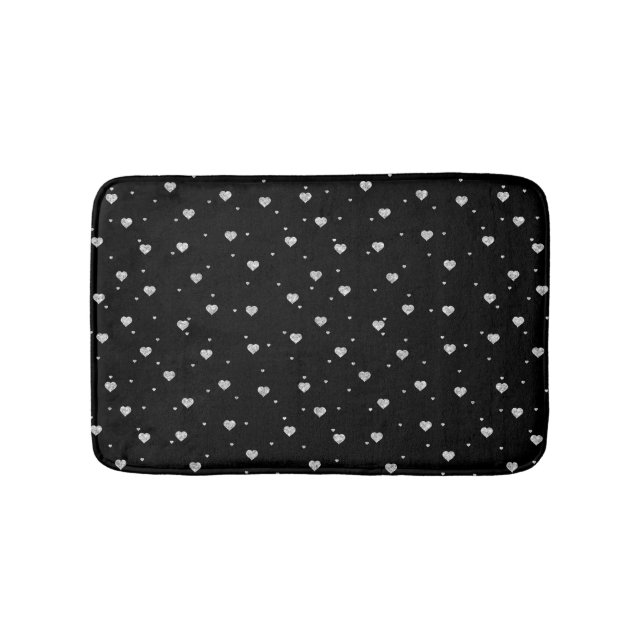Silve glitter hearts on black bath mat (Front)