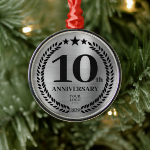 Silver 10th Anniversary Business Logo Christmas Metal Ornament