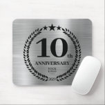 Silver 10th Business Anniversary Mouse Pad<br><div class="desc">Silver brushed metallic style 10th-anniversary mouse pad with a business logo. Ideal gift for employees. Commemorative design with a laurel branch and stars. The logo can be changed for text by clicking the button to edit the design.</div>