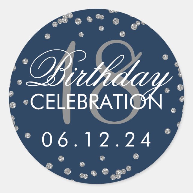 Silver 18th Birthday Faux Glitter Confetti Navy Classic Round Sticker (Front)