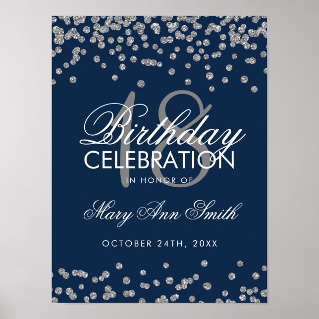 Silver 18th Birthday Faux Glitter Confetti Navy Poster (Front)