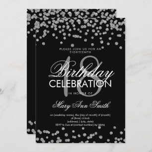 Silver 18th Birthday Glitter Confetti Black Invitation