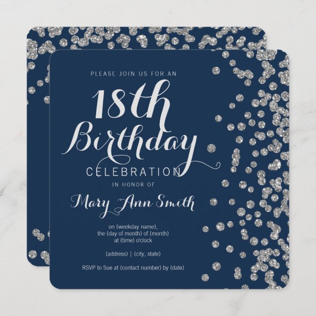 Silver 18th Birthday Glitter Confetti Navy Blue Invitation (Front/Back)