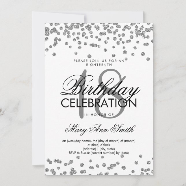 Silver 18th Birthday Glitter Confetti White Invitation (Front)