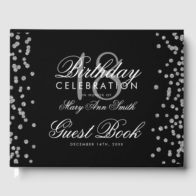 Silver 18th Birthday Party Glitter Confetti Black Guest Book (Front)