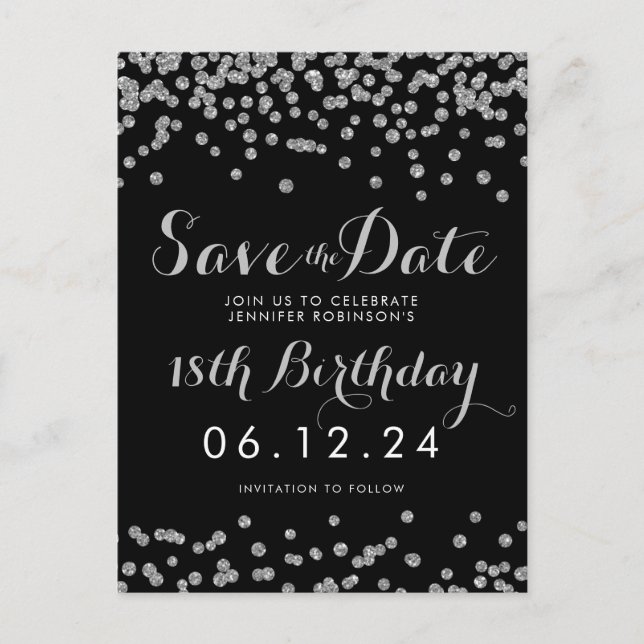 Silver 18th Birthday Save Date Confetti Black Announcement Postcard (Front)