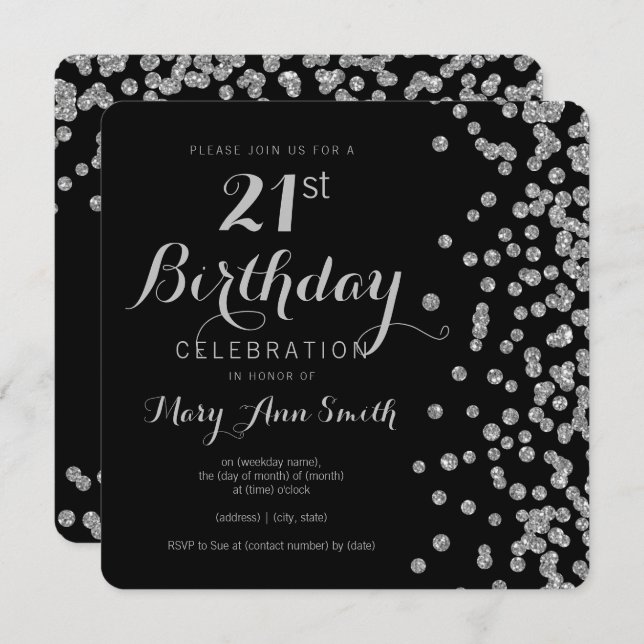 Silver 21st Birthday Faux Glitter Confetti Black Invitation (Front/Back)