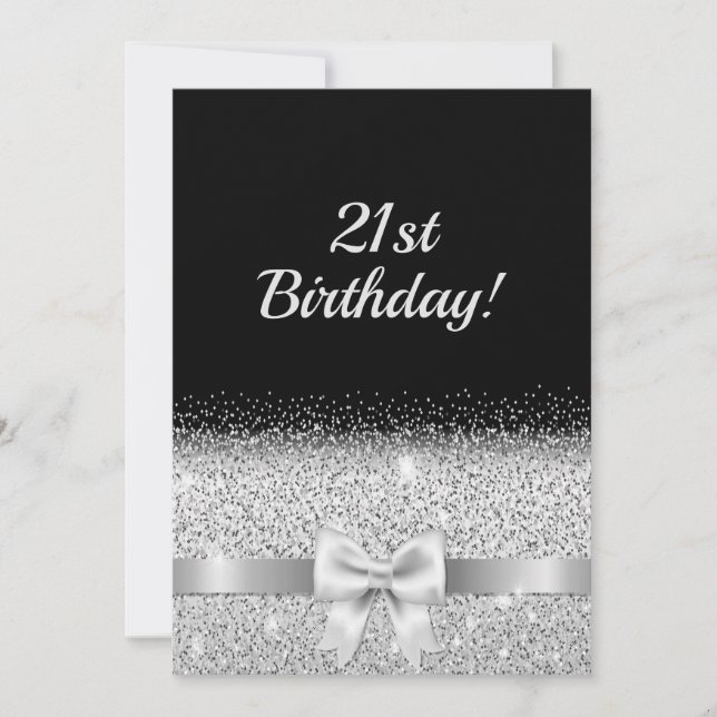 Silver 21st birthday party black elegant bow invitation (Front)