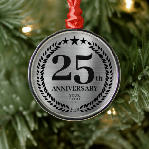 Silver 25th Anniversary Business Logo Christmas Metal Ornament
