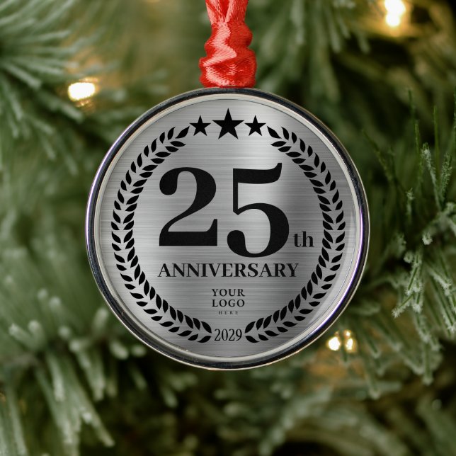 Silver 25th Anniversary Business Logo Christmas Metal Ornament (Tree)