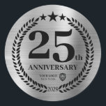 Silver 25th Anniversary Business Logo Classic Round Sticker<br><div class="desc">Silver brushed metallic style 25th-anniversary sticker with the business logo. Commemorative design with a laurel branch and stars. The logo can be changed for text by clicking the button to edit the design.</div>