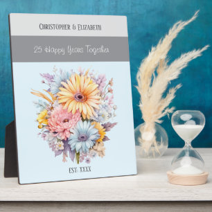 Silver 25th anniversary flowers names blue plaque