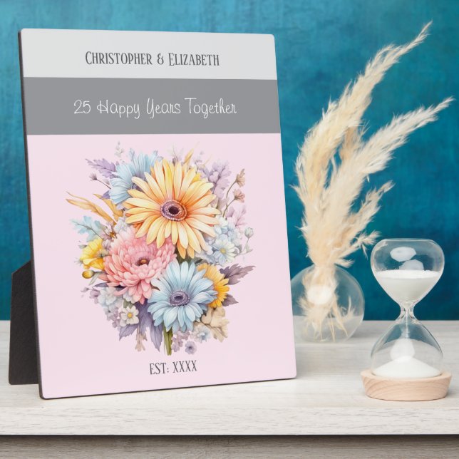 Silver 25th anniversary flowers names pink plaque (Side)