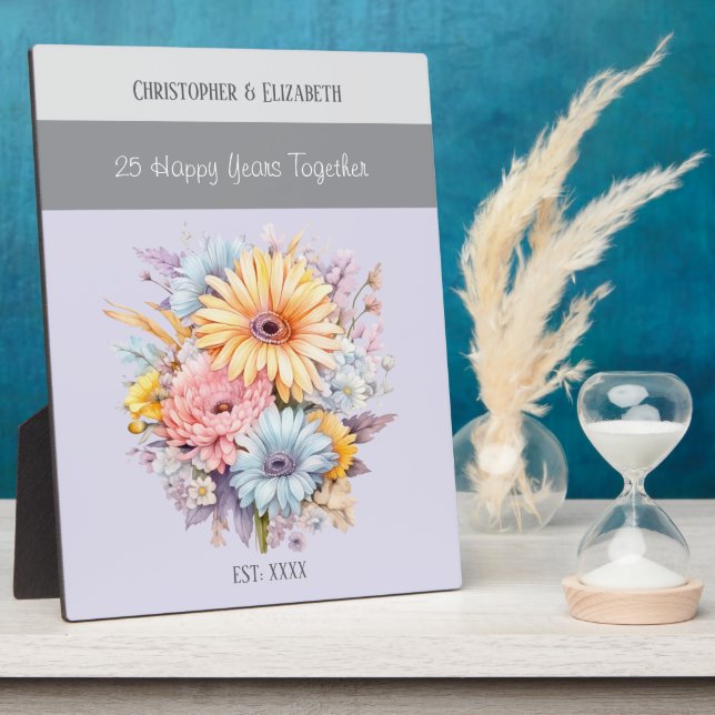 Silver 25th anniversary flowers names purple plaque (Side)